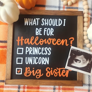 baby #2 announcement sign, big sister/brother halloween reveal, funny halloween pregnancy announcement prop, fall pregnancy reveal sign