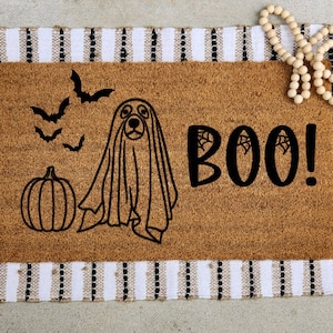 happy howloween dog doormat, my dog is my boo halloween doormat, cute dog ghost doormat, happy howloween, dog lover halloween decor, boo!