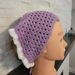 Retro granny square head scarf, crochet kerchief with ruffle