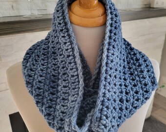 Chunky infinity scarf, denim blue neck warmer, Malabrigo yarn
