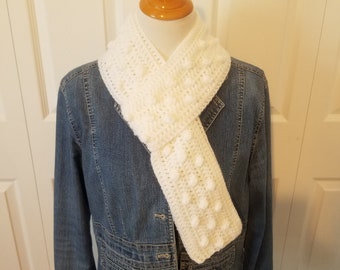 Crochet white bobble scarf, classic, styling options