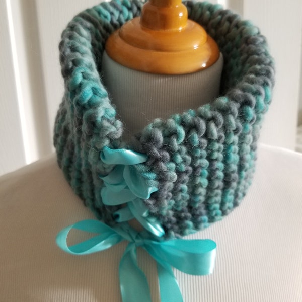 Wool cowl with ribbon accent (see listings for matching ear warmer)