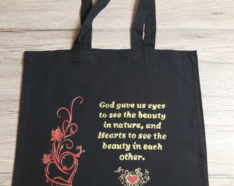 Quote Black Canvas Tote Bag, HandPainted Tote Bag, Positivity Message Bag, Red Flower Gold Heart Pack, Birthday Gift Sack, Minimalist Bag