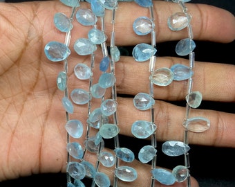 AAA+ Aquamarine Faceted Pear Shape Beads | Moss Blue Aquamarine Pear Briolette 6x8-7x9 mm 8 Inch Wholesale Aquamarine Beads Jewelry Making