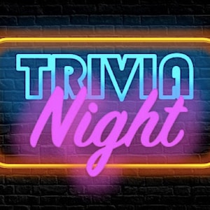 Op de afbeelding: Neon-bord met de woorden "Trivia Night" in een geel frame. Het woord "Trivia" is in blauw en het woord "Night" is in roze.