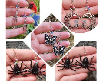 Halloween Collection: Skeletons, Spiders, Moons, Cats - Handmade, hypo-allergenic, nickle free, lead free, alloy hook earrings, alloy, beads
