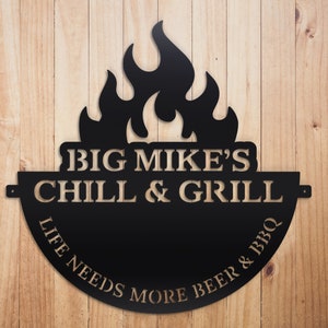 BBQ Sign, Chill & Grill Sign, Custom BBQ Sign, Personalized Metal Sign, Custom Christmas Gift, Anniversary Gift, Gift For Him, Personalized