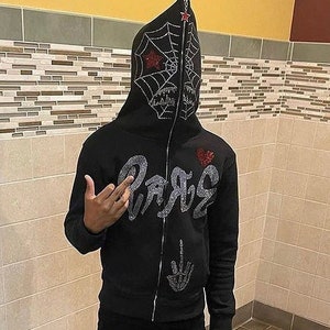 Rhinestone Middle Finger Zip up Hoodie, Streetwear Goth Sweatshirt ...