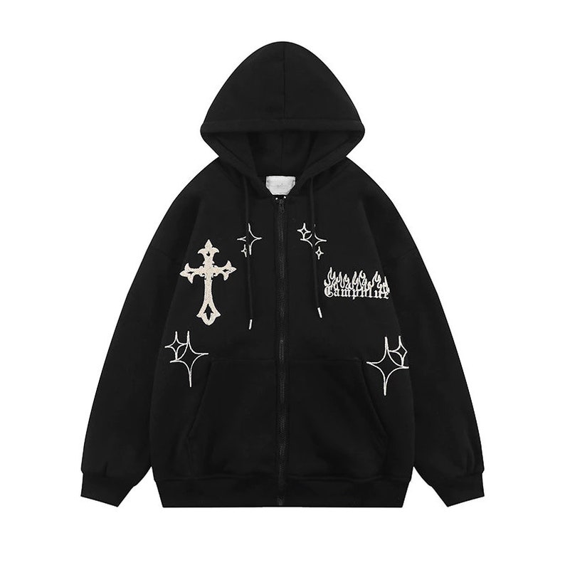 Y2k Goth Cross Zip up Embroidered Hoodies Y2k Clothing Y2k Etsy