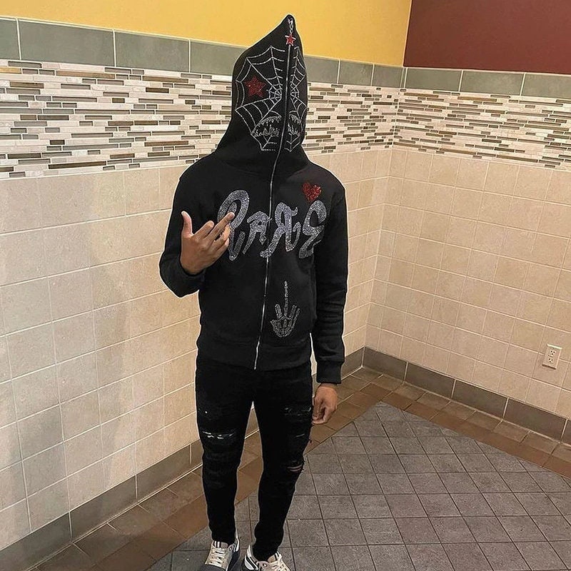 Rhinestone Middle Finger Zip up Hoodie Streetwear Goth - Etsy