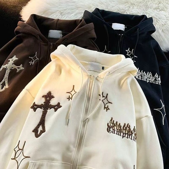 Y2k Goth Cross Zip up Embroidered Hoodies Y2k Clothing Y2k - Etsy
