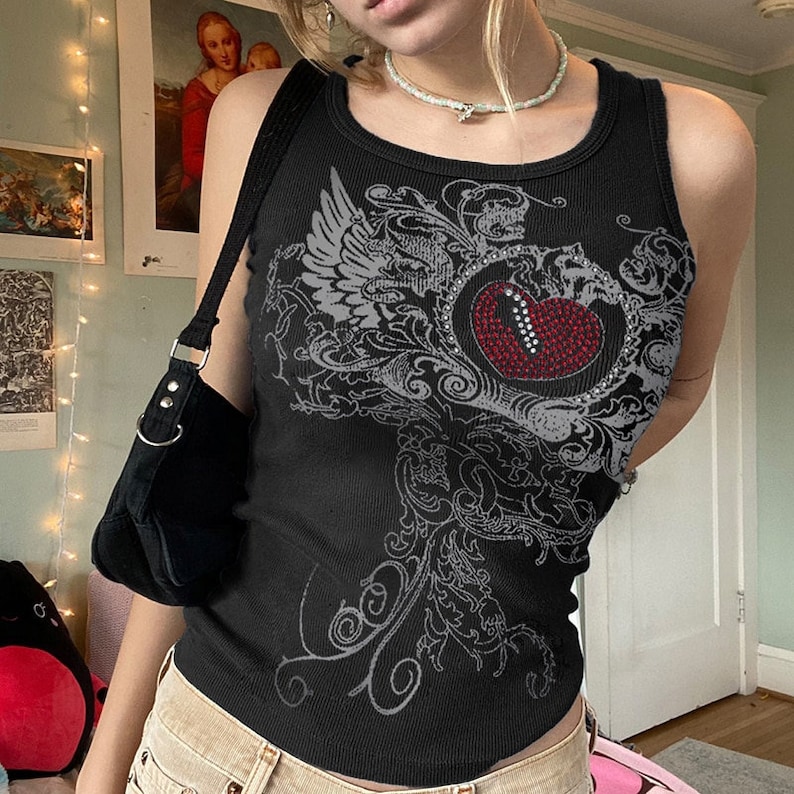 Y2k Grunge Rhinestone Heart Knitted Tank Top Y2k Clothing - Etsy