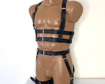 Men's full-body belts made of genuine or vegan leather- Handmade Leather Men's Harness Set, bondages full body, Jockstraps, Bottom Harness