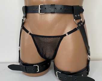 Arnés de muslo y tanga de lencería para hombre, arnés de glúteos para hombre, arnés corporal para lencería de cuerpo completo transparente para hombre
