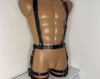 Mens leather lingeie harness men bondages full body, Jockstraps for men pants and leather top, Chest men's harness, gay harness