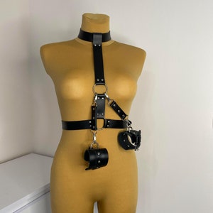 Leather Halter Choker Harness Leather Body Bondage Waist Belt Strap, Leather Neck Collar Wrist Cuffs Restraint Bondage Back Slave