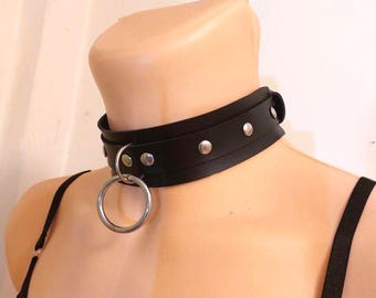 Leather Choker: Unlined Black Collar with O-Ring Handmade Gothic Choker
