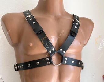 Leren borstharnas, herenharnas, uniseks verstelbare fetish lingerie schouderharnas, sexy harnas voor mannen, natuurlijk leer