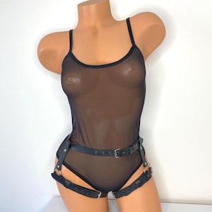 Leather thigh strap and see through bodysuit Thigh Hip Belt Female Bondage Fetish Body Accessory for Woman, Leg Harness with Cuffs
