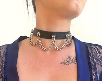 Choker with chain, Leather Collar Choker with chain for collar for women