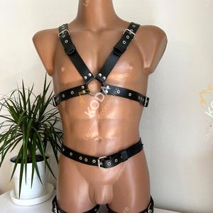 May include: Black leather body harness with adjustable straps and metal hardware. The harness includes chest straps, a waist belt, and leg straps. The design features multiple buckles and rivets. The product is displayed on a mannequin.