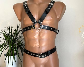 Mens leather lingeie harness men bondages full body, Jockstraps for men pants and leather top, Chest men's harness, gay harness
