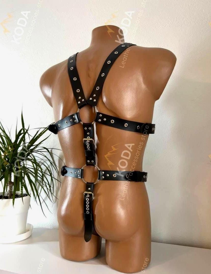 Mens leather lingeie harness men bondages full body, Jockstraps for men pants and leather top, Chest men's harness, gay harness