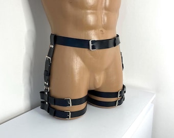 Adjustable Black Leather Thigh Harness Belt, Handmade