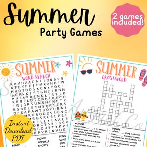 May include: Two printable summer party games: a word search and a crossword puzzle. The word search features the word "SUMMER" and related words like "vacation", "sung", "swim", and "beach". The crossword puzzle has a sun, sunglasses, and flip-flops in the corner.