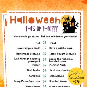 Halloween ESTO O AQUELLO - Juego de fiesta de Halloween - ¿Qué preferirías? - Actividad imprimible para fiesta de Halloween - Juego para niños y adultos