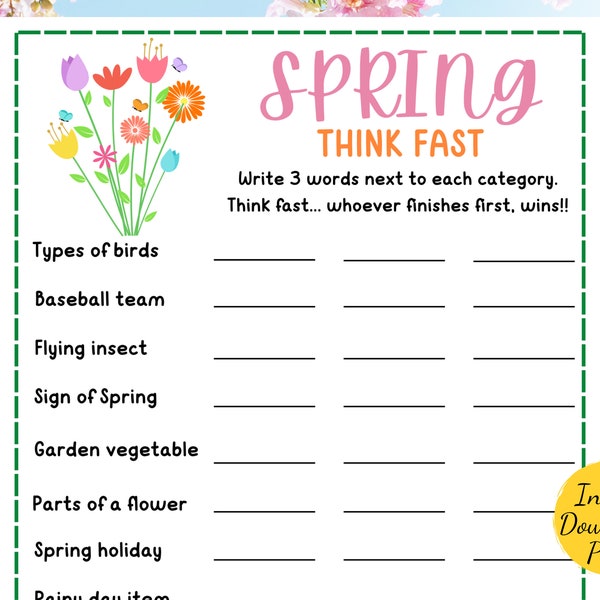 Spring Season THINK FAST Game - Printable Spring Party Games - Fun Think Fast Game for Classrooms, Garden Parties, Families - Kids & Adults