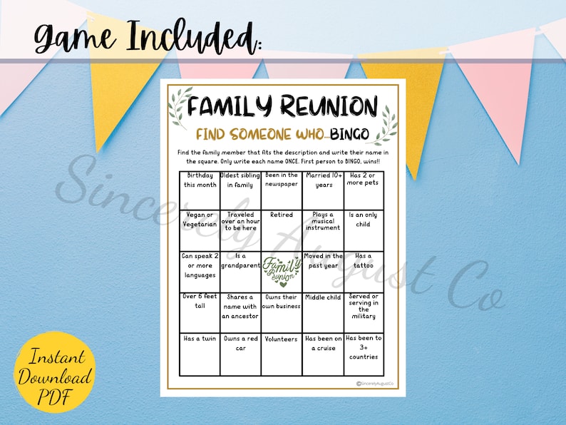FAMILY REUNION BINGO Game - Family Reunion Find the Guest Bingo ...