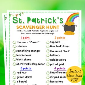 St. Patrick&#39;s Day SCAVENGER HUNT Game: Printable Party Activity (PDF)