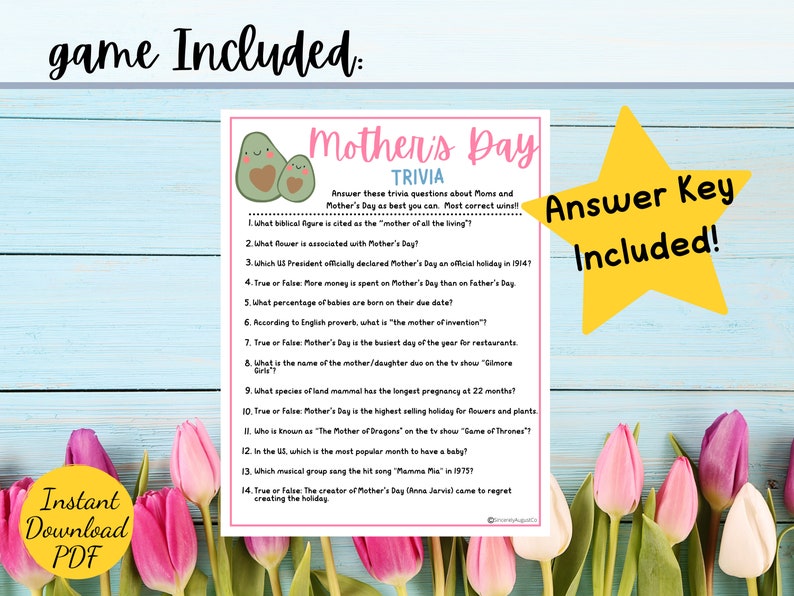Mothers Day TRIVIA Game Mothers Day Party Game Printable Mothers Day