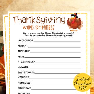 Thanksgiving WORD SCRAMBLE - Thanksgiving Party Game - Printable Thanksgiving Activity - Games for Kids/Adults - Friendsgiving - Turkey Day