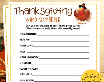 May include: A printable Thanksgiving word scramble game featuring a cartoon turkey. The game includes 10 Thanksgiving-themed words to unscramble. The words are:  IRCCAOUNOP, VEASRHT, AKNFLUHT, AESFT, NTGAIINHGSKV, UNMATU, EWSTE TOPATO, NTSUGFIF, NVMROEEB, RRYBNCAER, TADUSYHR.