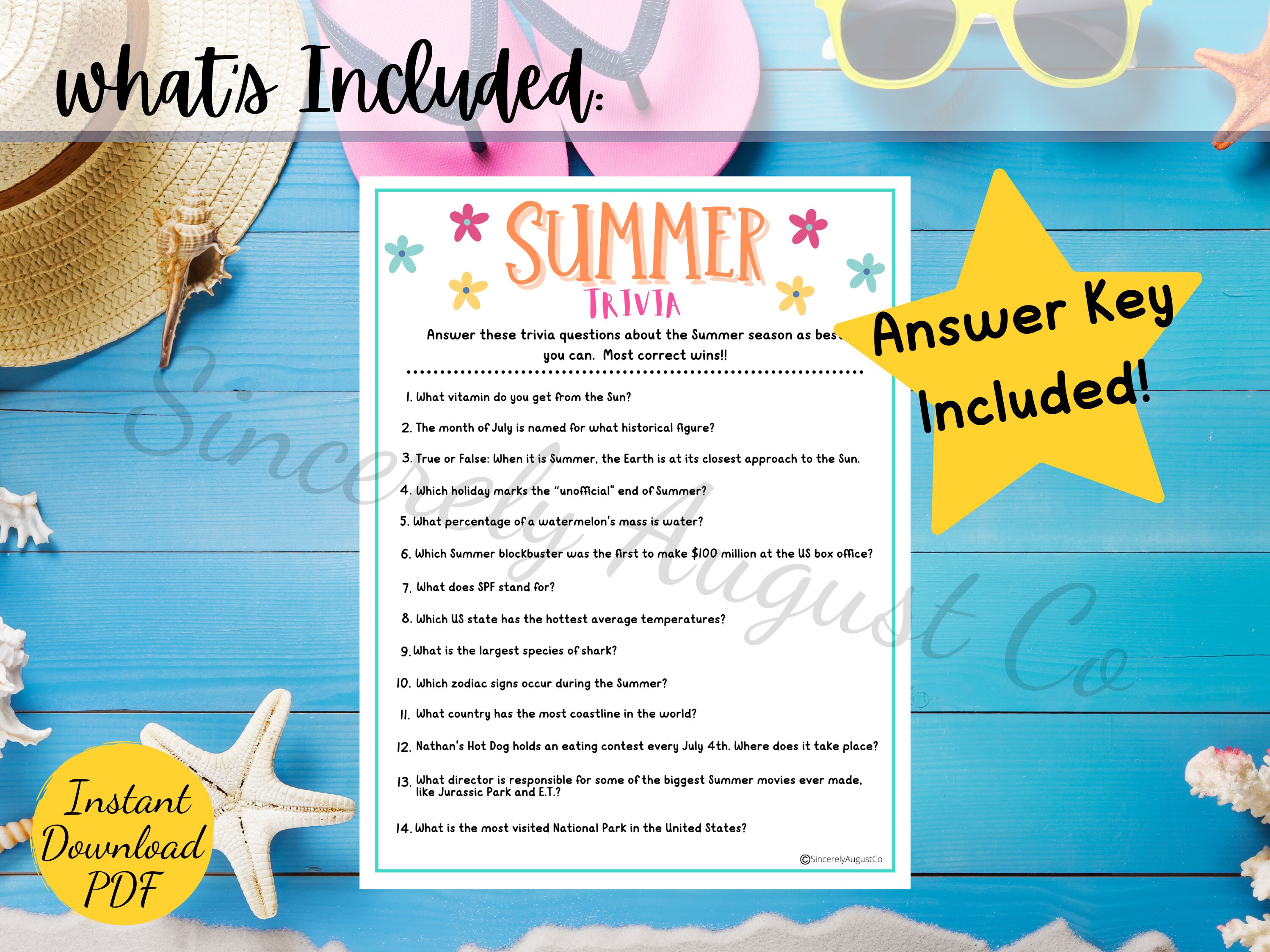 Summer TRIVIA Game Printable Summer Season Party Game Summer Trivia Fun