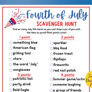 Fourth of July SCAVENGER HUNT - July 4th Party Game - Printable July 4th Party Activity - Scavenger Hunt - Fun July 4th Game - Kids & Adults