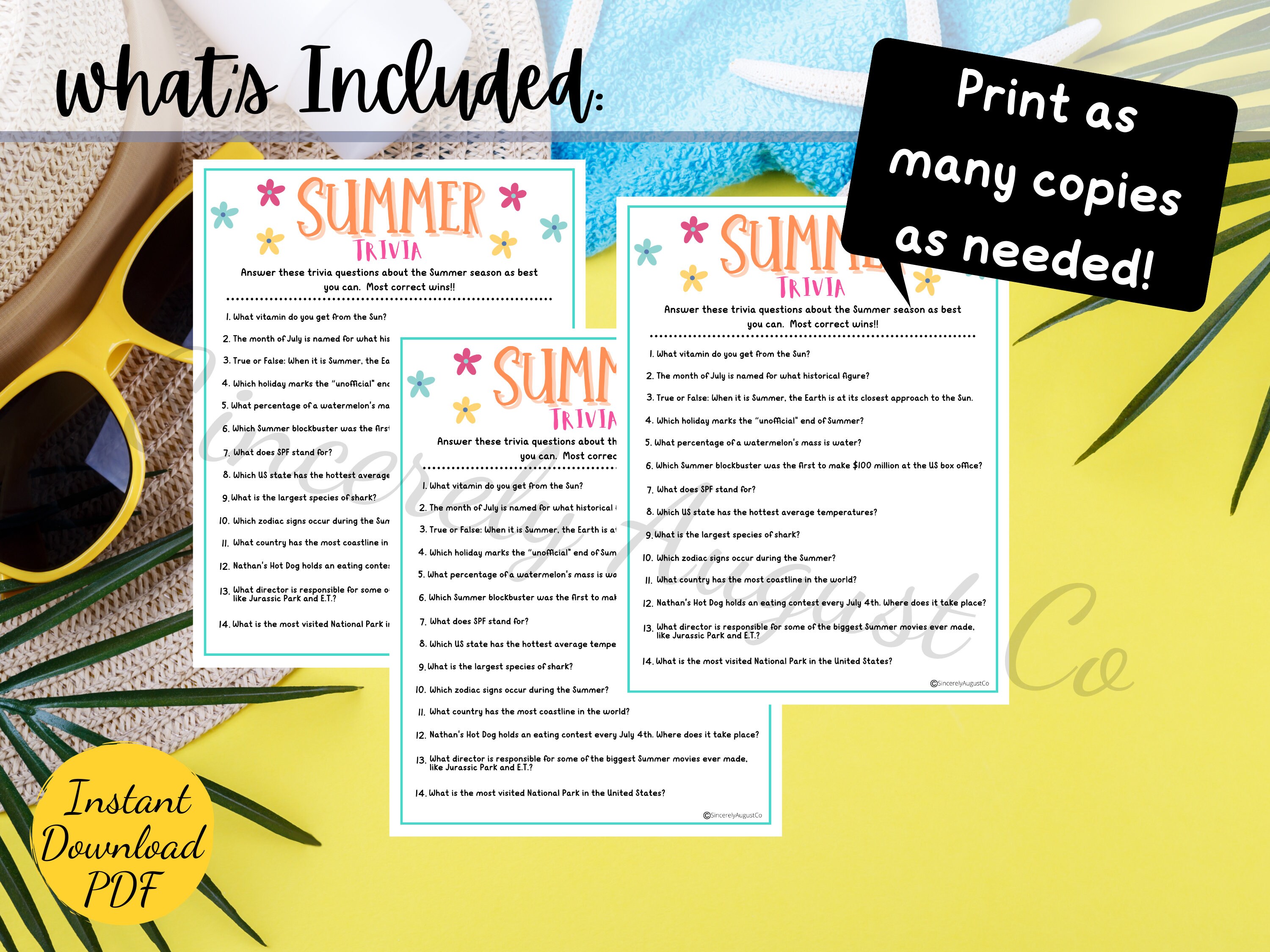 Summer TRIVIA Game Printable Summer Season Party Game Summer Trivia Fun