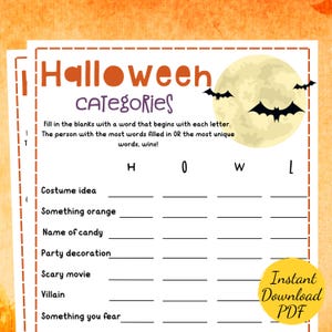 Halloween CATEGORIES - Halloween Party Game - Printable Halloween Party Activity - Halloween Games for Kids and Adults - Scattergories Game