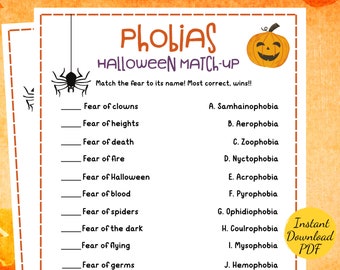 Halloween PHOBIAS MATCH Game - Halloween Party Game - Printable Halloween Party Activity - Halloween Games for Adults and Kids - Phobia Game