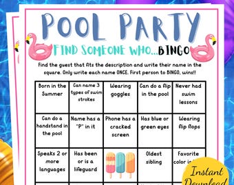 Pool Party FIND SOMEONE WHO Bingo Game: Printable Summer Activity (Digital Download)