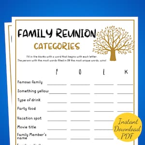 Family Reunion CATEGORIES Game - Family Reunion Party Game - Family Party Activity - Printable Party Game - Scattergories - Fun Family Game