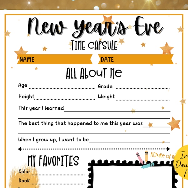 New Years Eve TIME CAPSULE - Year In Review Printable - NYE Time Capsule for Kids - New Years Printable Party Activity - Nye Review for Kids