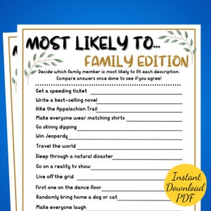 Op de afbeelding: Een printbaar "Most Likely To... Family Edition" spel met een gouden en groen bloemenontwerp. Het spel bevat 14 prompts voor spelers om te raden welk familielid het meest waarschijnlijk elke activiteit zal uitvoeren.