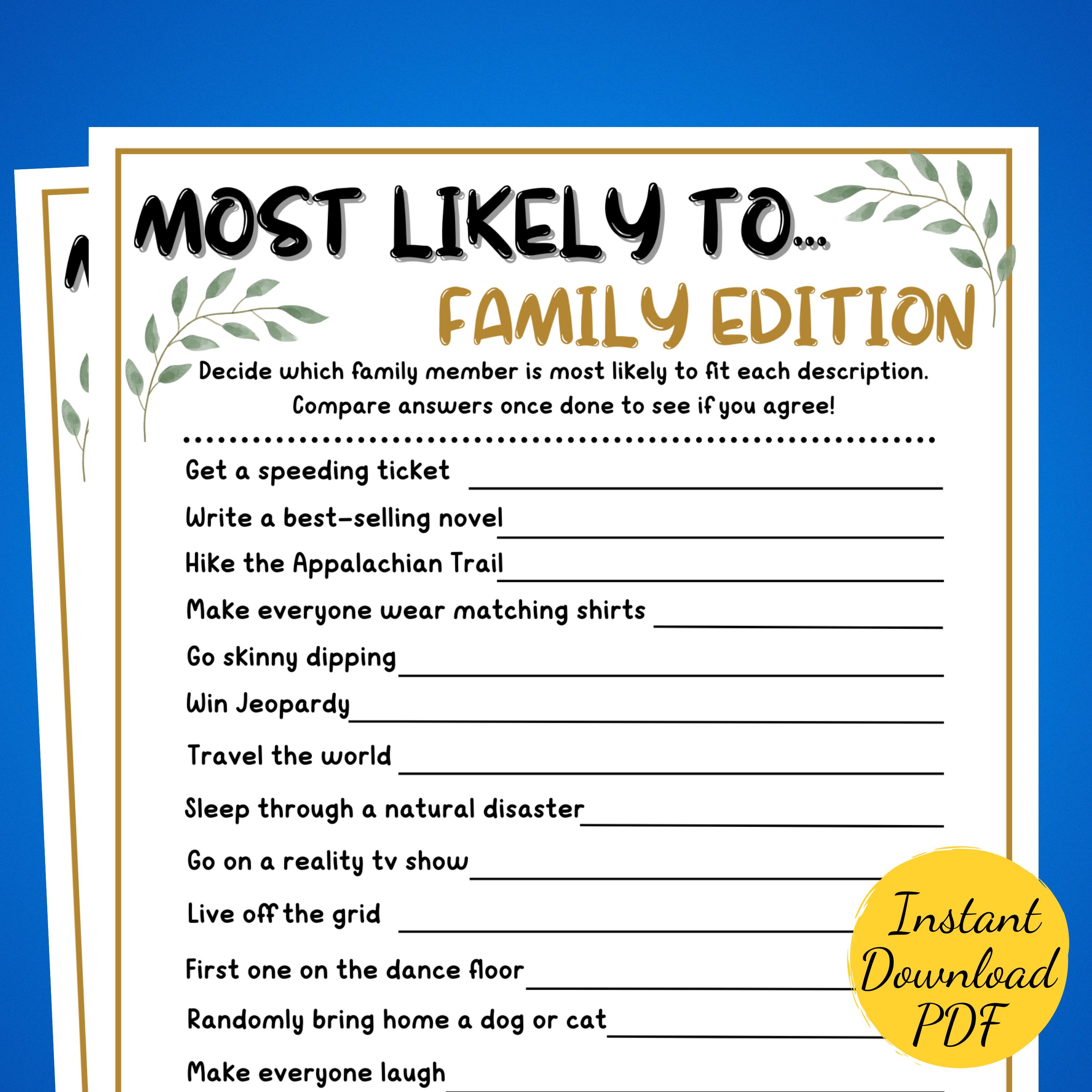 Family Reunion Game: MOST LIKELY TO, Printable Activity (Digital Download)