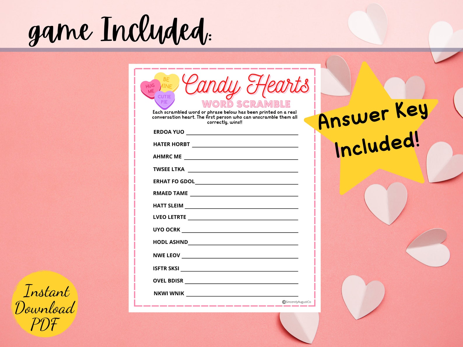 Candy Hearts Valentines WORD SCRAMBLE Valentines Day Party Game