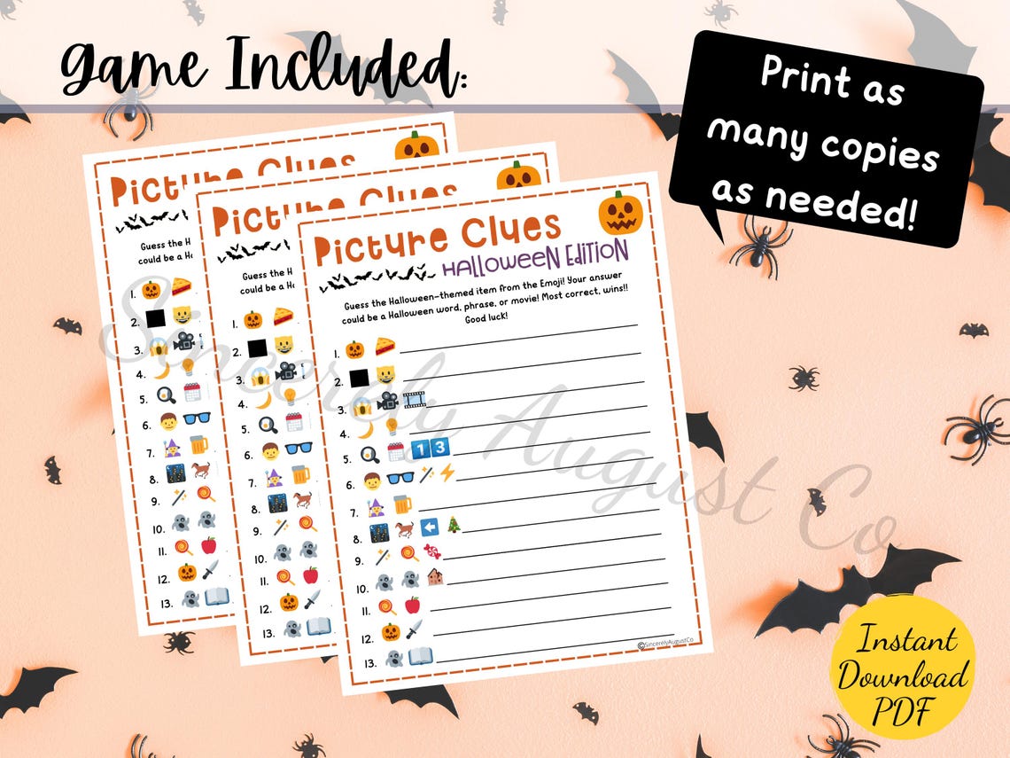 Halloween PICTURE CLUES Game: Printable Emoji Pictionary Party Activity ...