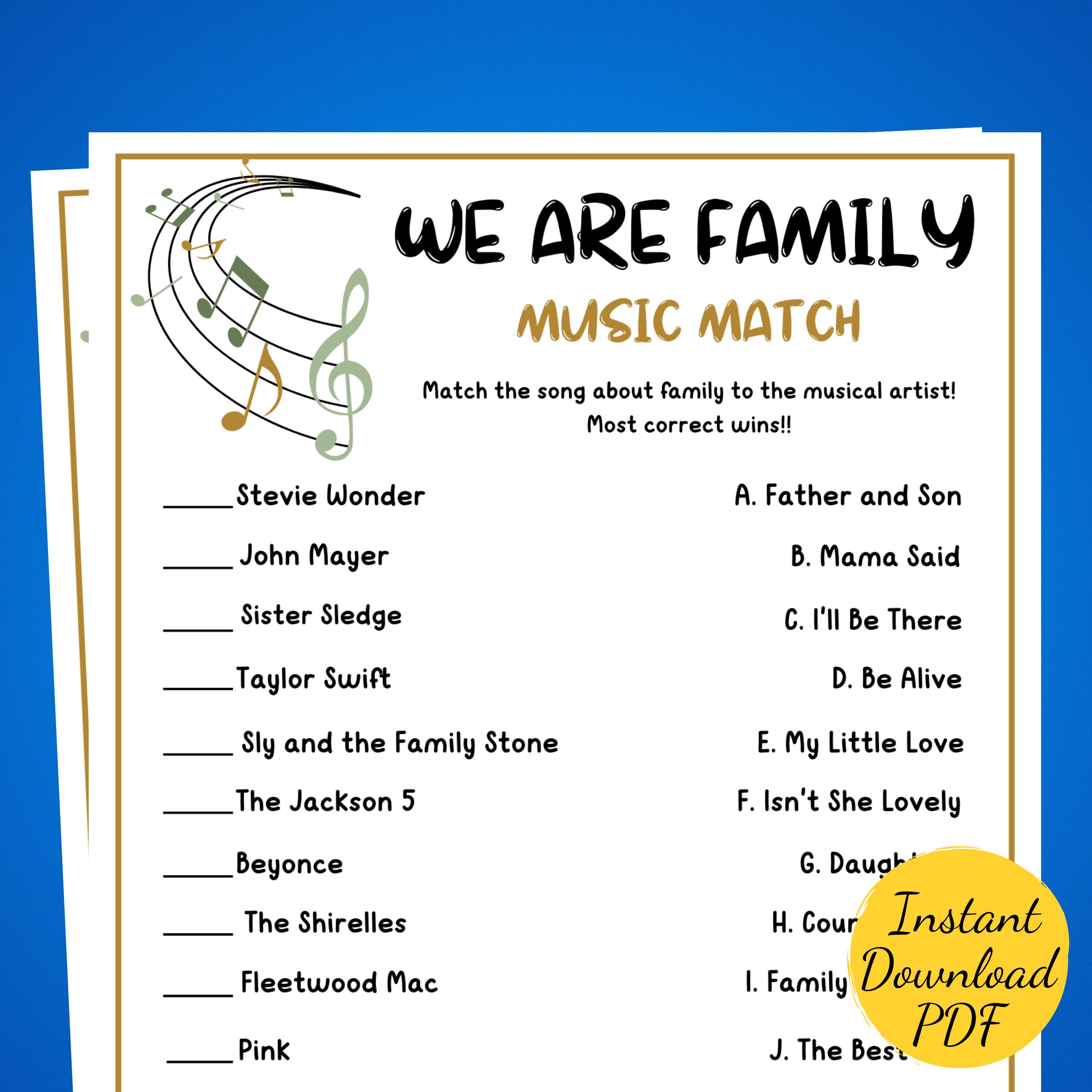 Family Reunion MUSIC MATCHING Game - Family Reunion Party Game - Printable Family Reunion Activity - Music About Family Matching Game