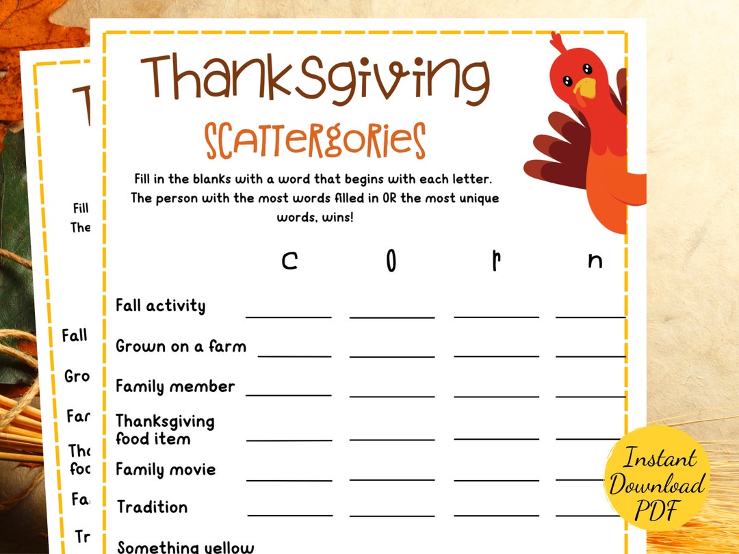 Thanksgiving SCATTERGORIES Printable Thanksgiving Party Game ...